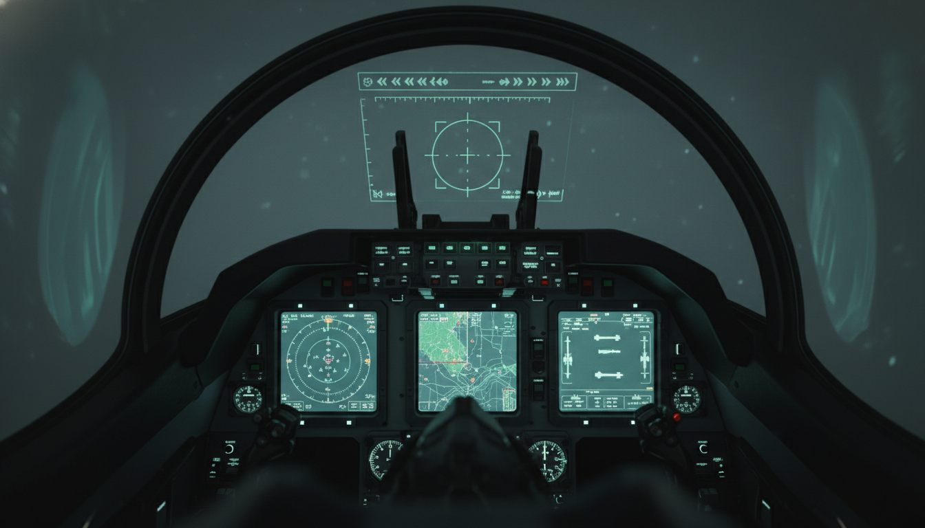 Cockpit-Ansicht mit HUD-Symbolik und multifunktionalen Anzeigen (Banana-Image).